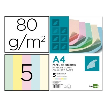 PAPEL COLOR LIDERPAPEL A4 80G/M2 5 COLORES SURTIDOS PAQUPAQUETE DE 500 HOJAS