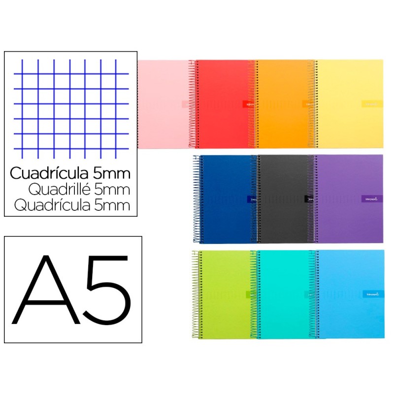 CUADERNO ESPIRAL LIDERPAPEL A5 CRAFTY TAPA FORRADA 80H 90 GR CUADRO 5 MM CON MARGEN COLORES SURTIDOS