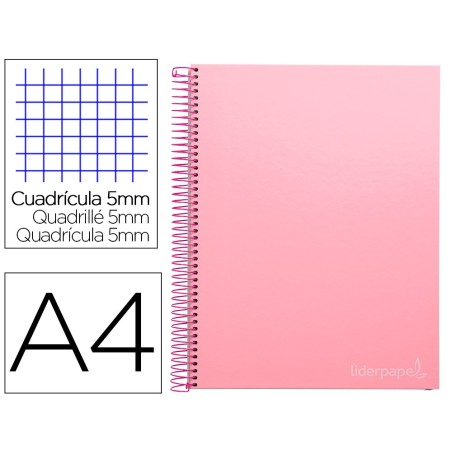 CUADERNO ESPIRAL LIDERPAPEL A4 MICRO JOLLY TAPA FORRADA 140H 75 GR CUADRO 5MM 5 BANDAS 4 TALADROS COLOR ROSA