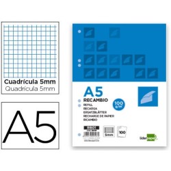 RECAMBIO LIDERPAPEL A5 100 HOJAS 100G/M2 CUADRO 5MM CON MARGEN 6 TALADROS