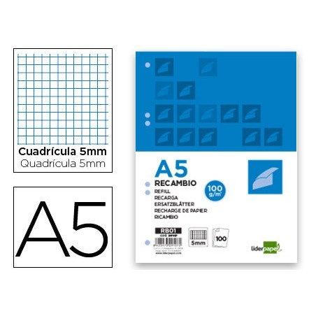 RECAMBIO LIDERPAPEL A5 100 HOJAS 100G/M2 CUADRO 5MM CON MARGEN 6 TALADROS