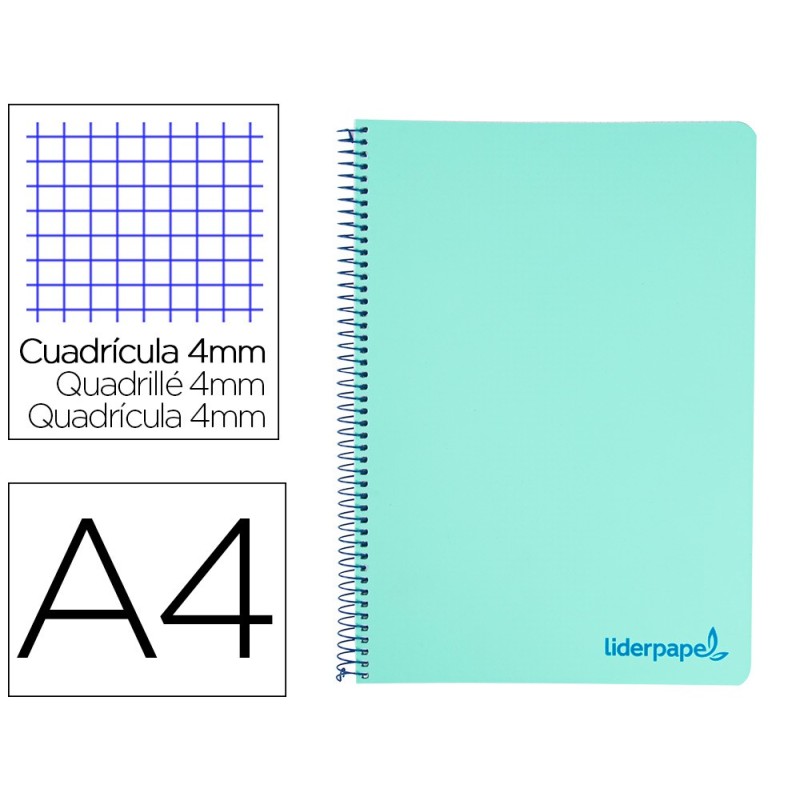 CUADERNO ESPIRAL LIDERPAPEL A4 WONDER TAPA PLASTICO 80H 90GR CUADRO 4MM CON MARGEN COLOR VERDE