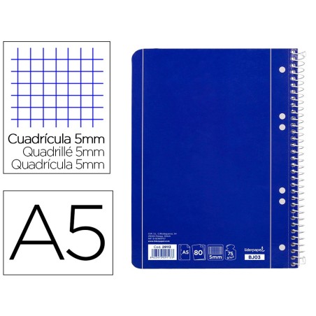 CUADERNO ESPIRAL LIDERPAPEL A5 MICRO SERIE AZUL TAPA BLANDA 80H 75 GR CUADRO5MM 6 TALADROS AZUL
