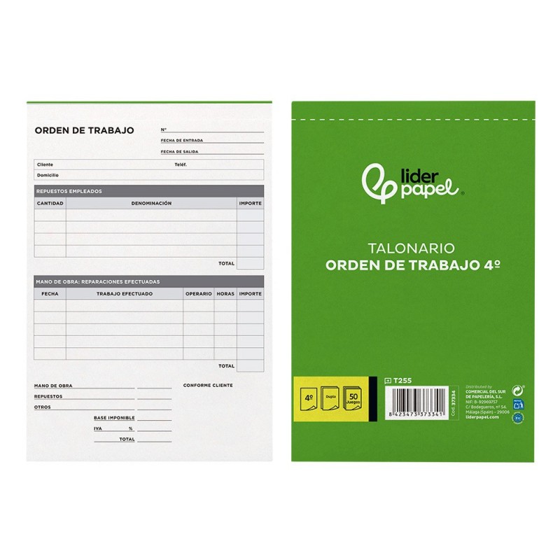 TALONARIO LIDERPAPEL ORDEN DE TRABAJO CUARTO ORIGINAL Y COPIA T255