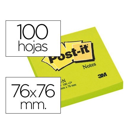 BLOC DE NOTAS ADHESIVAS QUITA Y PON POST-IT 76X76 MM VERDE NEON CON 100 HOJAS