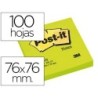 BLOC DE NOTAS ADHESIVAS QUITA Y PON POST-IT 76X76 MM VERDE NEON CON 100 HOJAS