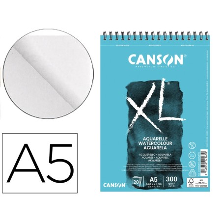 BLOC DIBUJO ACUARELA CANSON XL AQUARELLE GRANO FINO DIN A5 MICROPERFORADO ESPIRAL 14,8X21 CM 20 HOJAS 300 GR