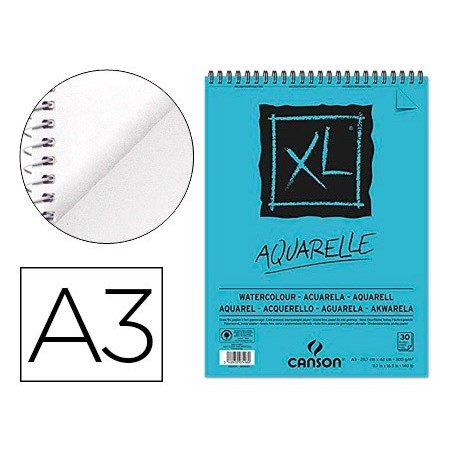 BLOC DIBUJO ACUARELA CANSON XL AQUARELLE GRANO FINO DIN A3 MICROPERFORADO ESPIRAL 29,7X42 CM 30 HOJAS 300 GR