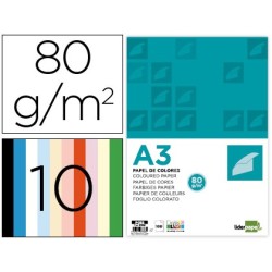 PAPEL COLOR LIDERPAPEL A3 80GR/M2 10 COLORES SURTIDOS PAQUETE 100 HOJAS
