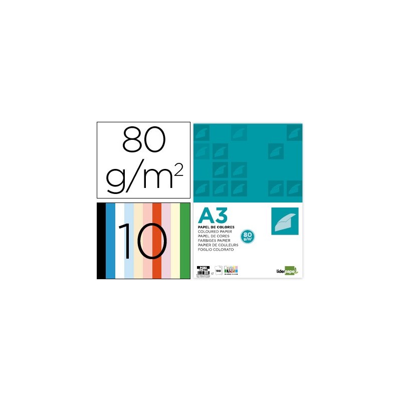 PAPEL COLOR LIDERPAPEL A3 80GR/M2 10 COLORES SURTIDOS PAQUETE 100 HOJAS