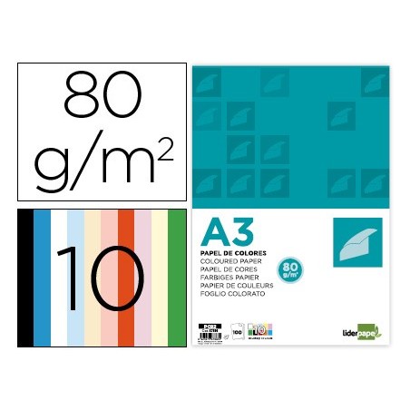 PAPEL COLOR LIDERPAPEL A3 80GR/M2 10 COLORES SURTIDOS PAQUETE 100 HOJAS