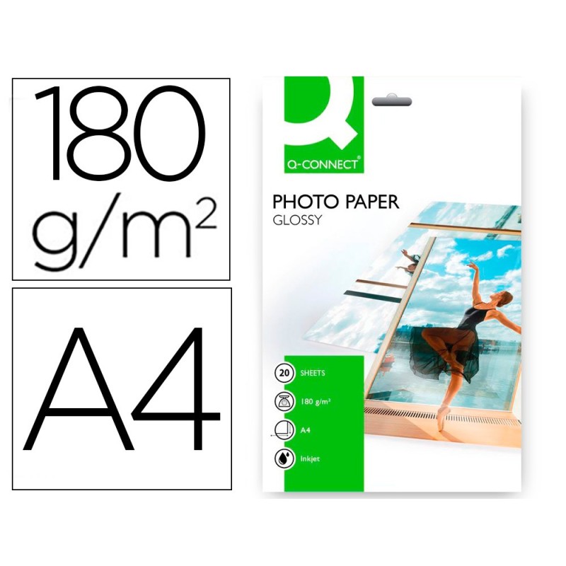 PAPEL Q-CONNECT FOTO GLOSSY -KF01103 DIN A4 -DIGITAL PHOTO -PARA INK-JET -BOLSA DE 20 HOJAS DE 180 GR