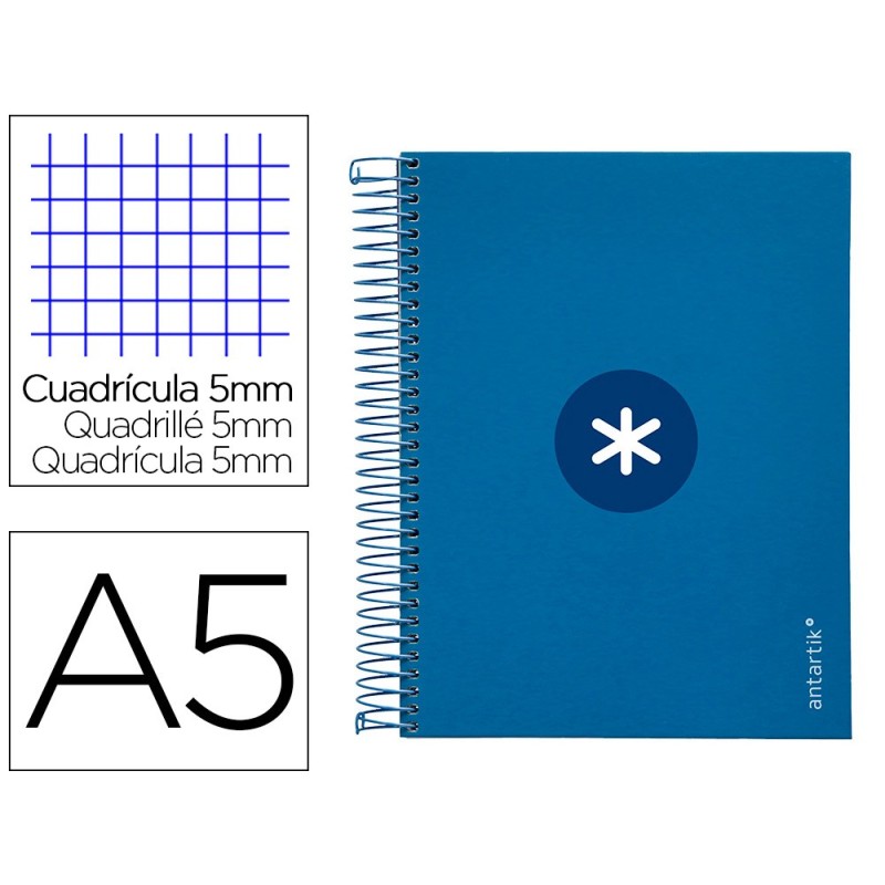 CUADERNO ESPIRAL LIDERPAPEL A5 MICRO ANTARTIK TAPA FORRADA120H 100 GR CUADRO 5MM 5 BANDA6 TALADROS COLOR AZUL OSCURO