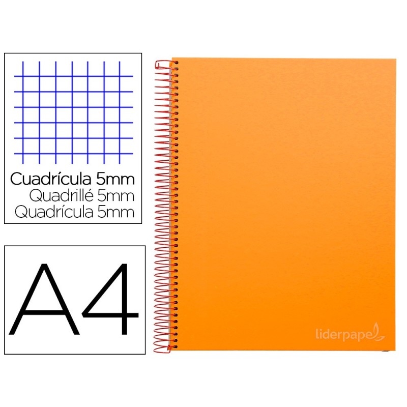 CUADERNO ESPIRAL LIDERPAPEL A4 MICRO JOLLY TAPA FORRADA 140H 75 GR CUADRO 5MM 5 BANDAS4 TALADROS COLOR NARANJA