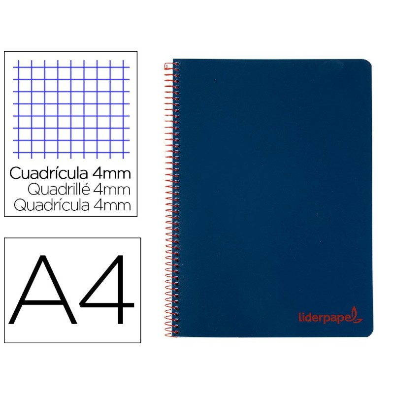 CUADERNO ESPIRAL LIDERPAPEL A4 WONDER TAPA PLASTICO 80H 90GR CUADRO 4MM CON MARGEN COLOR AZUL MARINO