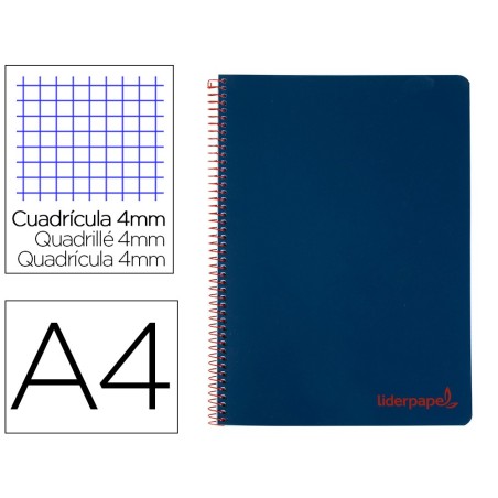 CUADERNO ESPIRAL LIDERPAPEL A4 WONDER TAPA PLASTICO 80H 90GR CUADRO 4MM CON MARGEN COLOR AZUL MARINO