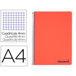CUADERNO ESPIRAL LIDERPAPEL A4 WONDER TAPA PLASTICO 80H 90GR CUADRO 4MM CON MARGEN COLOR ROJO
