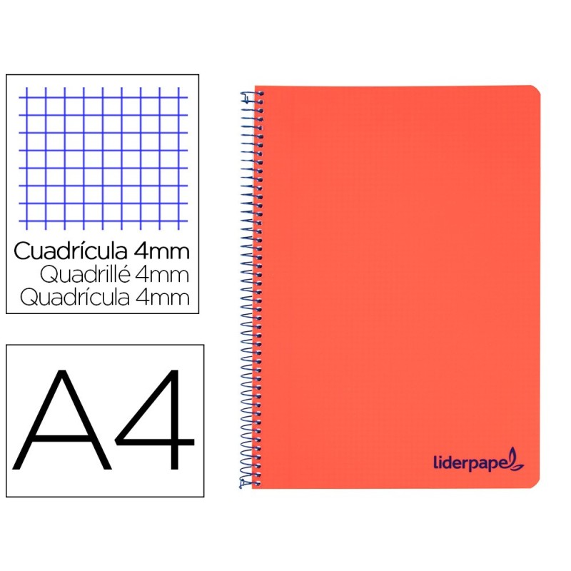 CUADERNO ESPIRAL LIDERPAPEL A4 WONDER TAPA PLASTICO 80H 90GR CUADRO 4MM CON MARGEN COLOR ROJO