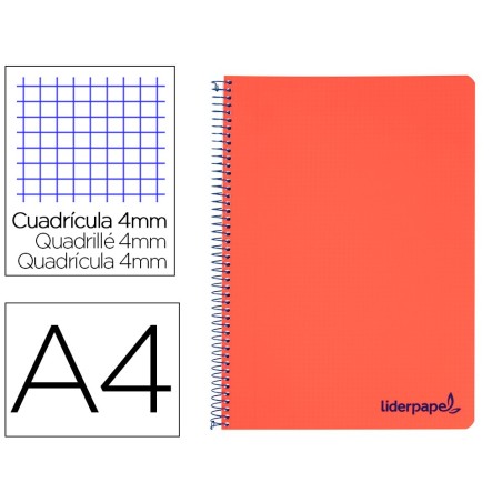 CUADERNO ESPIRAL LIDERPAPEL A4 WONDER TAPA PLASTICO 80H 90GR CUADRO 4MM CON MARGEN COLOR ROJO