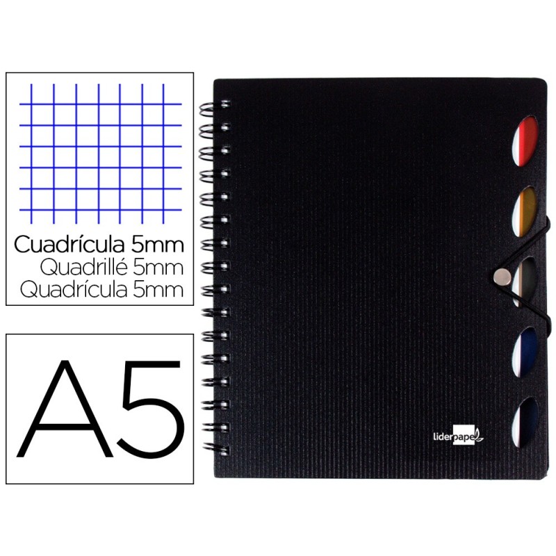 CUADERNO ESPIRAL LIDERPAPEL A5 MICRO EXECUTIVE TAPA PLASTICO 100H 80 GR CUADRO 5MM 5 SEPARADORES CON GOMILLA NEGRO