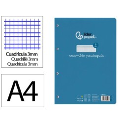 RECAMBIO LIDERPAPEL A4 PAUTAGUIA 100 HOJAS 75 G CUADRICULADO PAUTADO 3 MM CON MARGEN 4 TALADROS