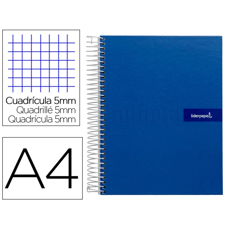 CUADERNO ESPIRAL LIDERPAPEL A4 MICRO CRAFTY TAPA FORRADA 120H 90 GR CUADRO 5 MM 5 BANDAS 4 COLORES COLOR AZUL