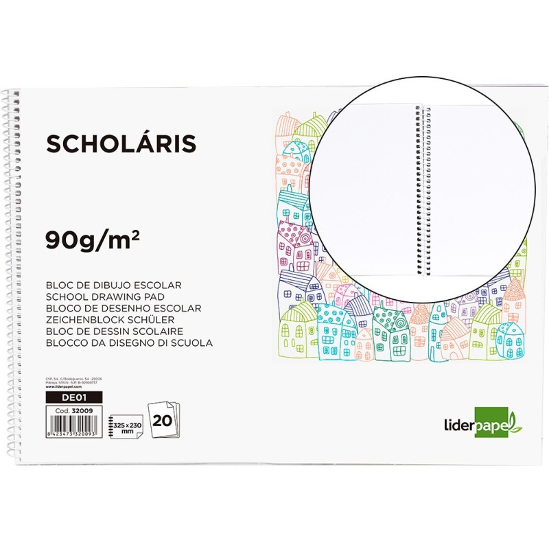 BLOC DIBUJO LIDERPAPEL ESCOLAR ESPIRAL 230X325MM 20 HOJAS 90G M2 SIN RECUADRO