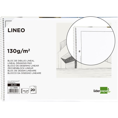 BLOC DIBUJO LIDERPAPEL LINEAL ESPIRAL 230X325MM 20 HOJAS 130G/M2 CON RECUADRO 2 TALADROS PERFORADO