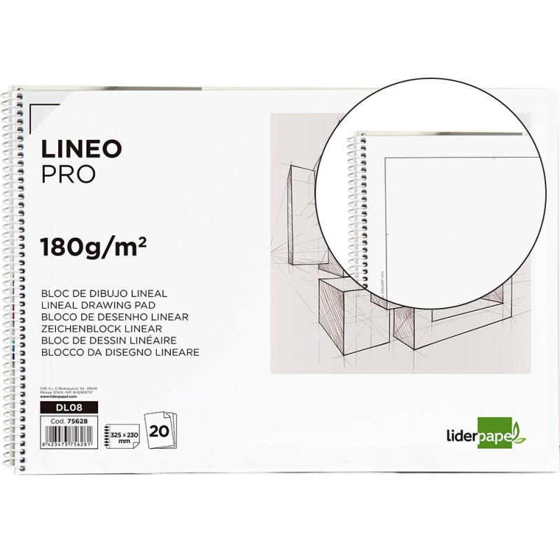 BLOC DIBUJO LIDERPAPEL LINEAL ESPIRAL 230X325MM 20 HOJAS 180 G/M2 CON RECUADRO PERFORADO