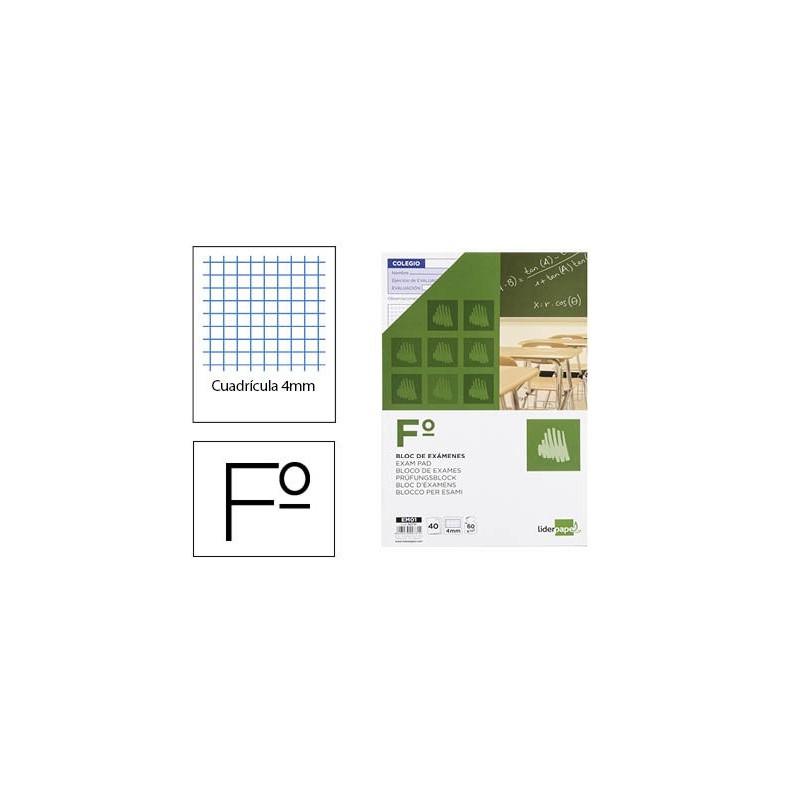 BLOC EXAMENES LIDERPAPEL CUADRO 4MM FOLIO 40 HOJAS 60G/M2