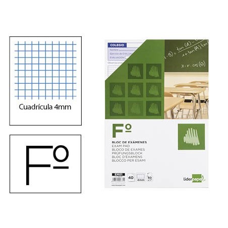 BLOC EXAMENES LIDERPAPEL CUADRO 4MM FOLIO 40 HOJAS 60G/M2