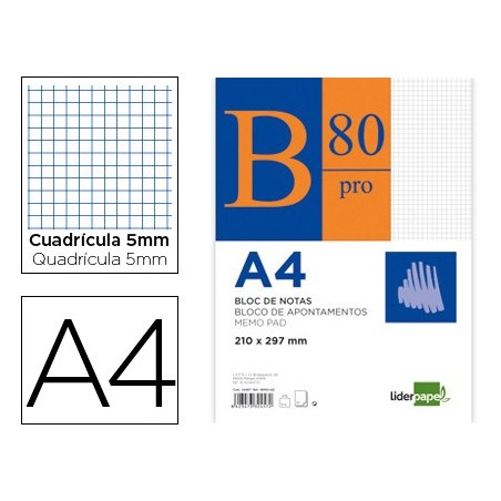 BLOC NOTAS LIDERPAPEL CUADRO 5MM A4 80 HOJAS 60G/M2 ENCOLADO