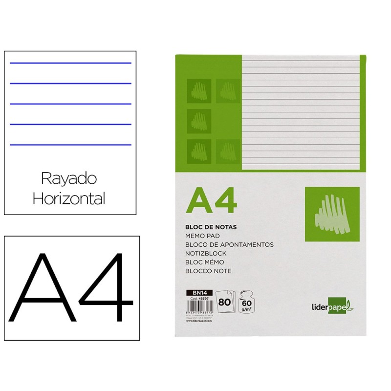 BLOC NOTAS LIDERPAPEL HORIZONTAL A4 80 HOJAS 60G/M2