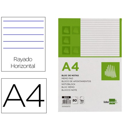 BLOC NOTAS LIDERPAPEL HORIZONTAL A4 80 HOJAS 60G/M2