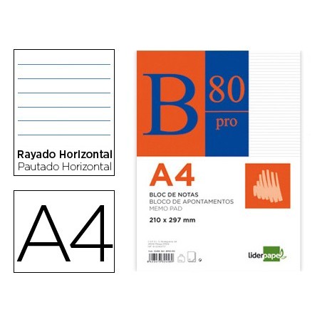 BLOC NOTAS LIDERPAPEL HORIZONTAL A4 80 HOJAS 60G/M2 ENCOLADO