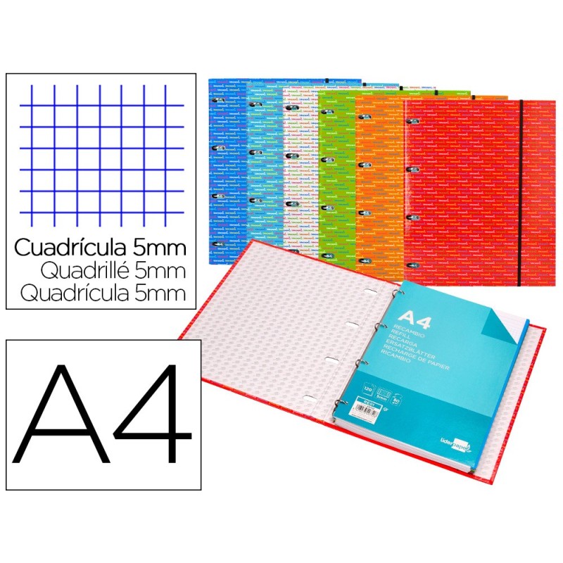 CARPETA CON RECAMBIO LIDERPAPEL A4 CUADRO 5MM FORRADA 4 ANILLAS 20MM