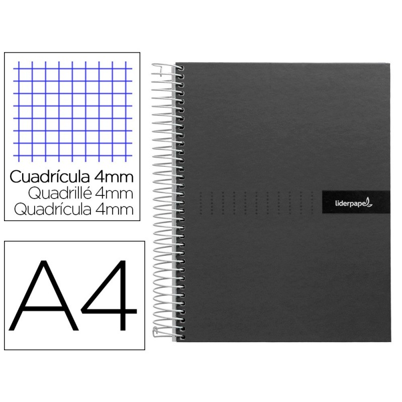 CUADERNO ESPIRAL LIDERPAPEL A4 CRAFTY TAPA FORRADA 80H 90 GR CUADRO 4MM CON MARGEN COLOR NEGRO