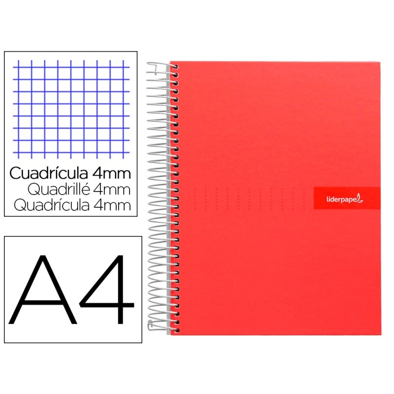CUADERNO ESPIRAL LIDERPAPEL A4 CRAFTY TAPA FORRADA 80H 90 GR CUADRO 4MM CON MARGEN COLOR ROJA