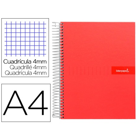 CUADERNO ESPIRAL LIDERPAPEL A4 CRAFTY TAPA FORRADA 80H 90 GR CUADRO 4MM CON MARGEN COLOR ROJA