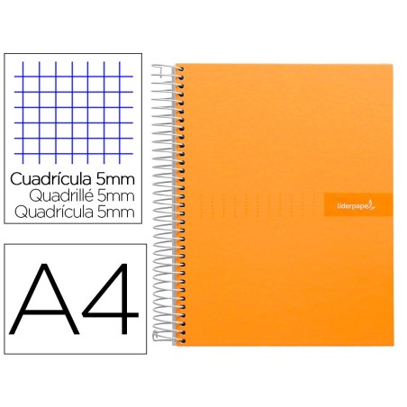 CUADERNO ESPIRAL LIDERPAPEL A4 MICRO CRAFTY TAPA FORRADA 120H 90 GR CUADRO 5 MM 5 BANDAS 4 COLORES COLOR NARANJA