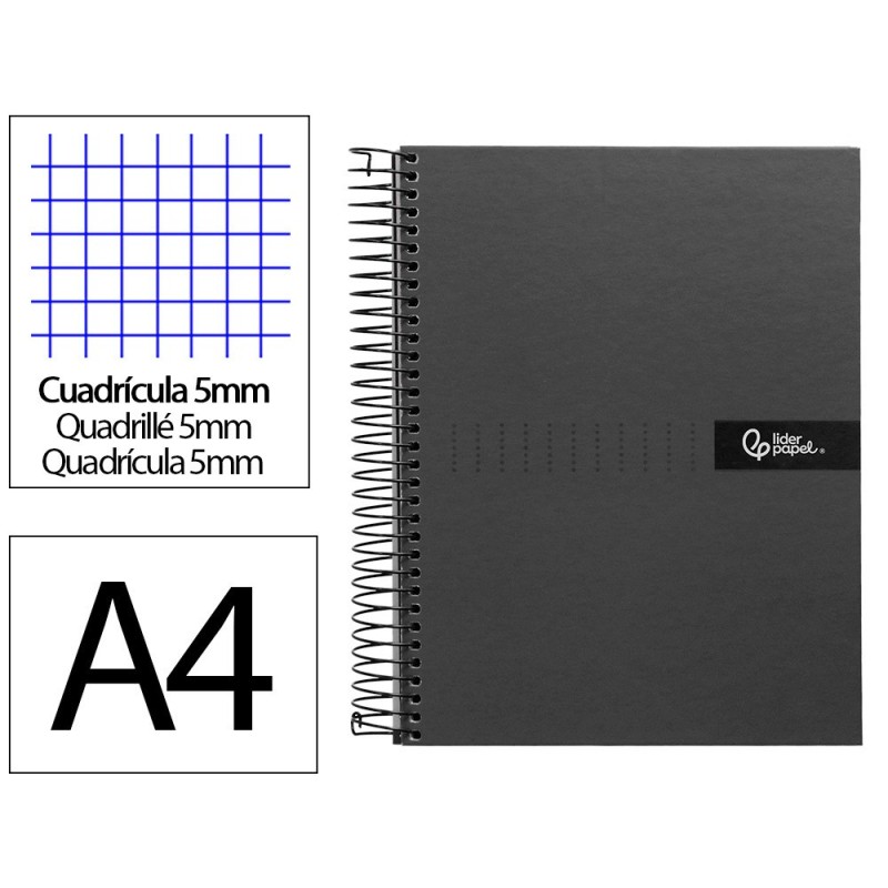 CUADERNO ESPIRAL LIDERPAPEL A4 MICRO CRAFTY TAPA FORRADA 120H 90 GR CUADRO 5 MM 5 BANDAS 4 COLORES COLOR NEGRO