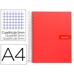 CUADERNO ESPIRAL LIDERPAPEL A4 MICRO CRAFTY TAPA FORRADA 120H 90 GR CUADRO 5 MM 5 BANDAS 4 COLORES COLOR ROJO