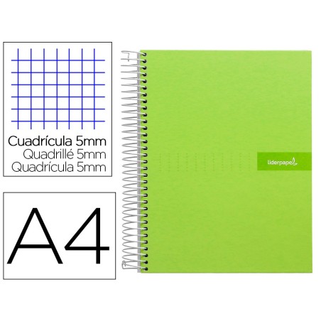 CUADERNO ESPIRAL LIDERPAPEL A4 MICRO CRAFTY TAPA FORRADA 120H 90 GR CUADRO 5 MM 5 BANDAS 4 COLORES COLOR VERDE