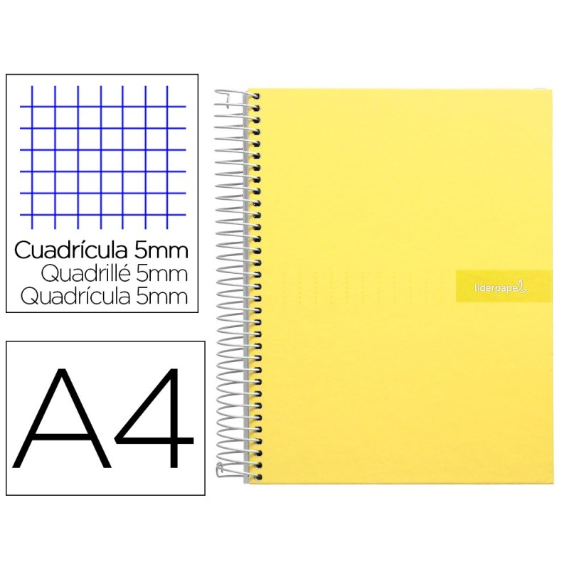 CUADERNO ESPIRAL LIDERPAPEL A4 MICRO CRAFTY TAPA FORRADA 120H 90GR CUADRO 5MM 5 BANDAS 4 TALADROS COLOR AMARILLO
