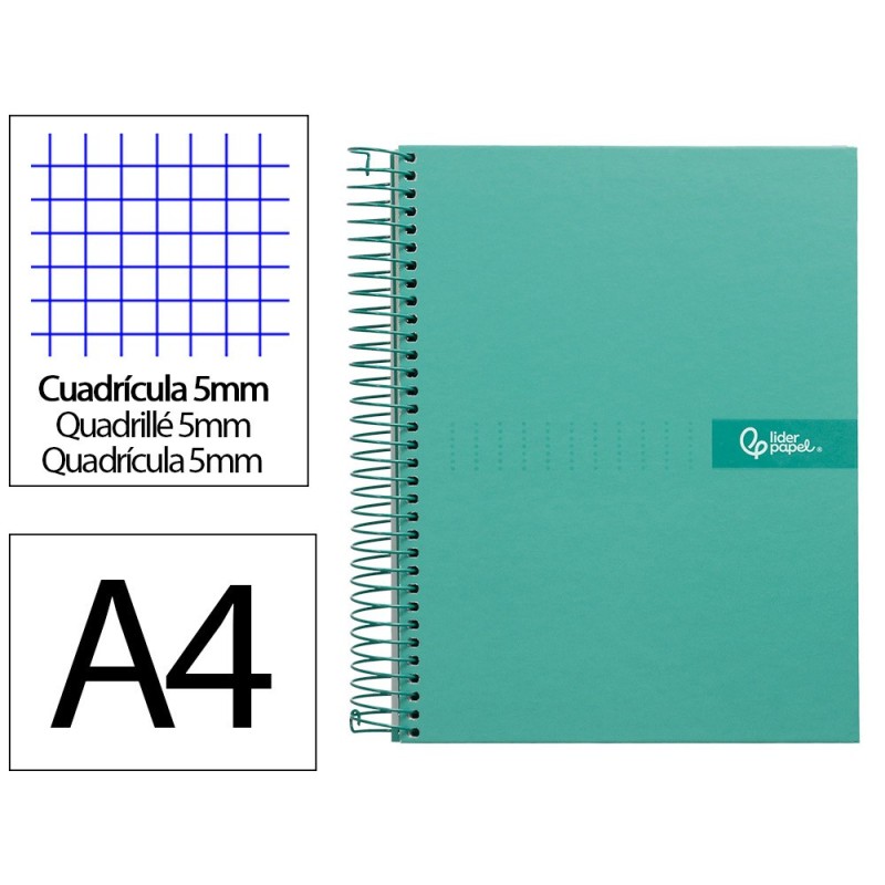 CUADERNO ESPIRAL LIDERPAPEL A4 MICRO CRAFTY TAPA FORRADA 120H 90GR CUADRO 5MM 5 BANDAS 4 TALADROS COLOR TURQUESA