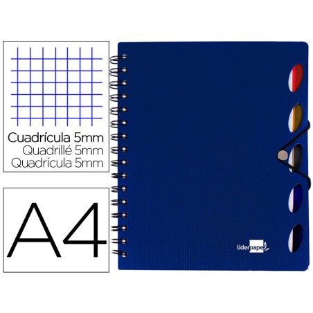 CUADERNO ESPIRAL LIDERPAPEL A4 MICRO EXECUTIVE TAPA PLASTICO 100H 80 GR CUADRO 5MM 5 SEPARADORES CON GOMILLA AZUL