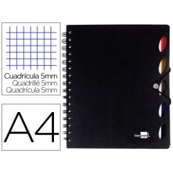 CUADERNO ESPIRAL LIDERPAPEL A4 MICRO EXECUTIVE TAPA PLASTICO 100H 80 GR CUADRO 5MM 5 SEPARADORES CON GOMILLA NEGRO