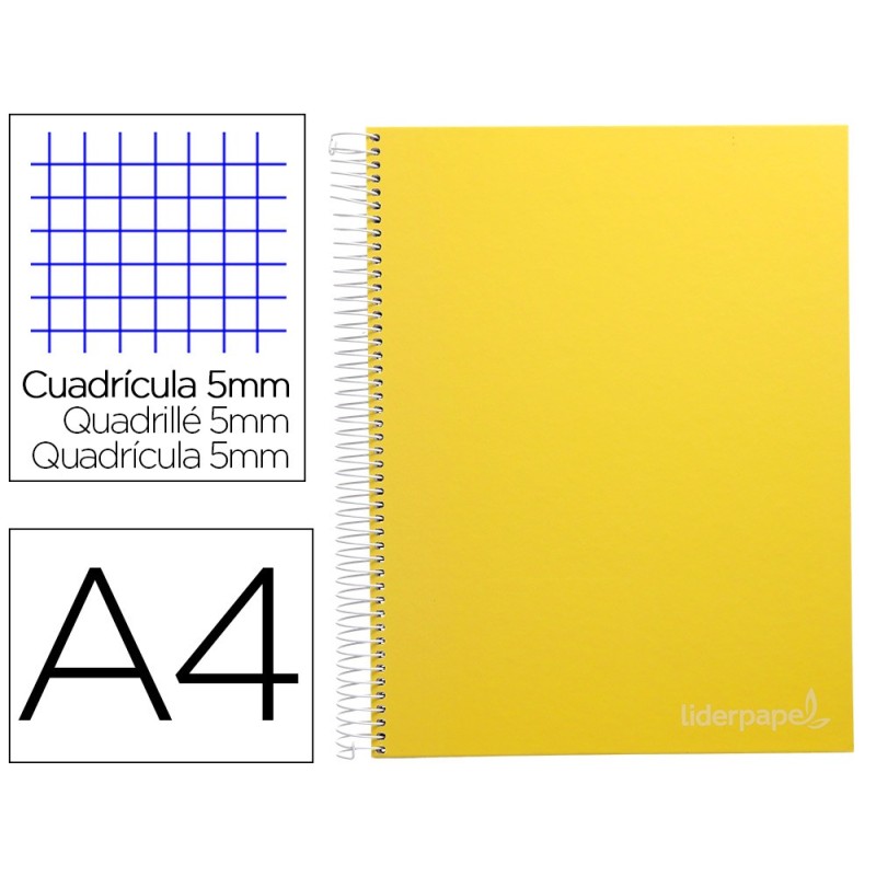 CUADERNO ESPIRAL LIDERPAPEL A4 MICRO JOLLY TAPA FORRADA 140H 75 GR CUADRO 5MM 5 BANDAS4 TALADROS COLOR AMARILLO