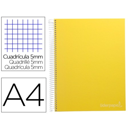 CUADERNO ESPIRAL LIDERPAPEL A4 MICRO JOLLY TAPA FORRADA 140H 75 GR CUADRO 5MM 5 BANDAS4 TALADROS COLOR AMARILLO