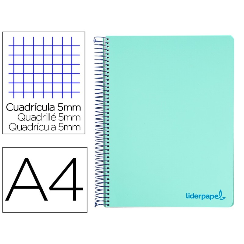 CUADERNO ESPIRAL LIDERPAPEL A4 MICRO WONDER TAPA PLASTICO 120H 90 GR CUADRO 5 MM 5 BANDAS 4 TALADROS COLOR VERDE
